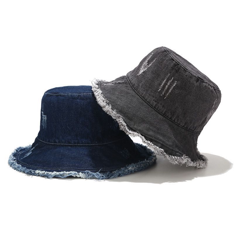 Japanese Washed Distressed Denim Bucket Hat Unisex Travel Fashion Frayed Edge Sun Hat Four Seasons