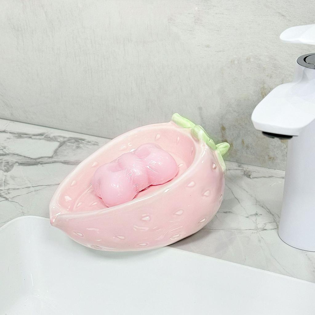 Cartoon Kreative Erdbeer Seifenschale Haushalt Toilette Waschbecken Keramik Nicht Perforiert Seifenablage Abfluss Rosa