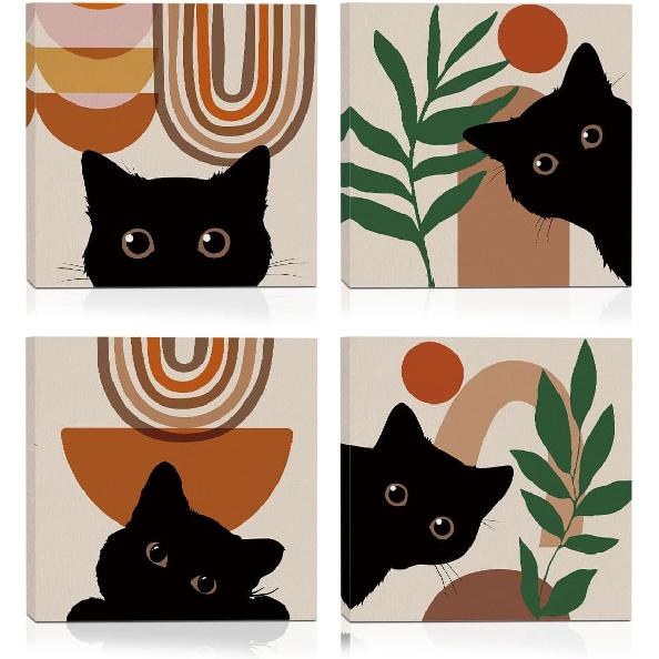 4 PCs Kawaii Japanese Ramen Cats Canvas Wall Art Framed Wall Decor, Cat Lover Gifts, Cat Themed Gifts Art Prints Paintings, Pictures Home Decor for