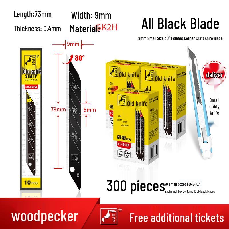 Woodpecker 9mm Craft Knife: 30-Degree Pointed Blade for Film & Wallpaper.