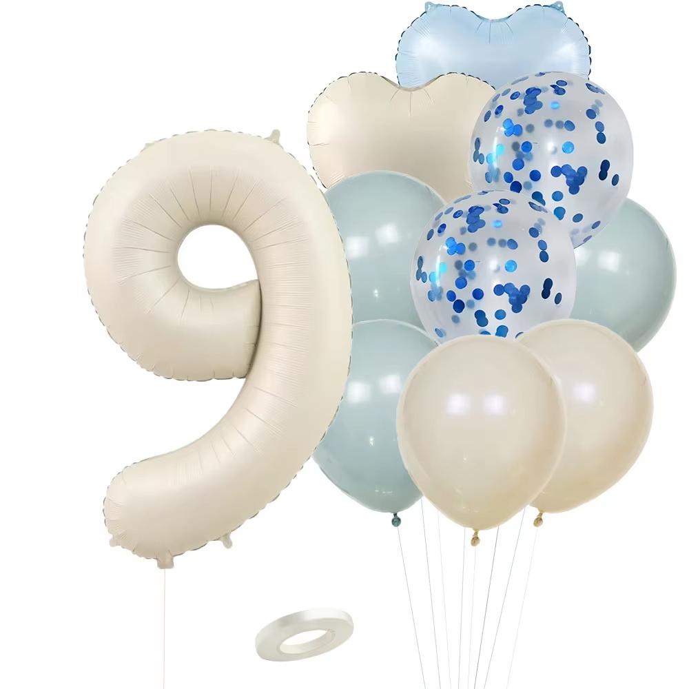 12pcs Vintage Beige Blue Balloon Set 32inch Foil Number Balloon For Kids Happy Birthday Party Decorations DIY Gifts Supplies