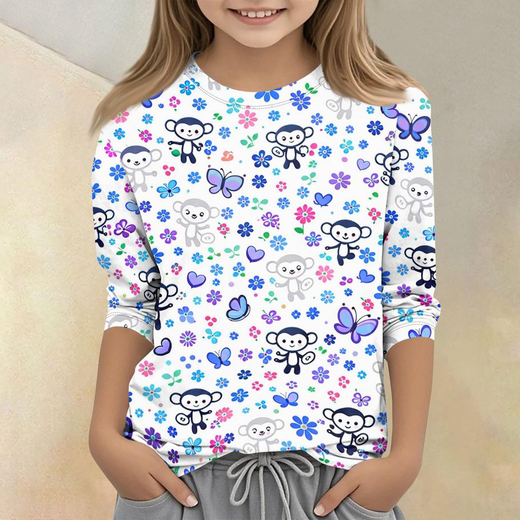 Children's Printed Round Neck Seven Quarter Sleeve Casual T-shirt
