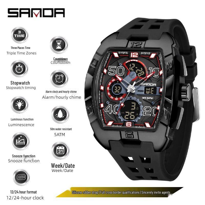 SANDA Barrel-Shaped Men's Watch: Dual Display, 50M Waterproof, Luminous, World Time, Stylish & Versatile