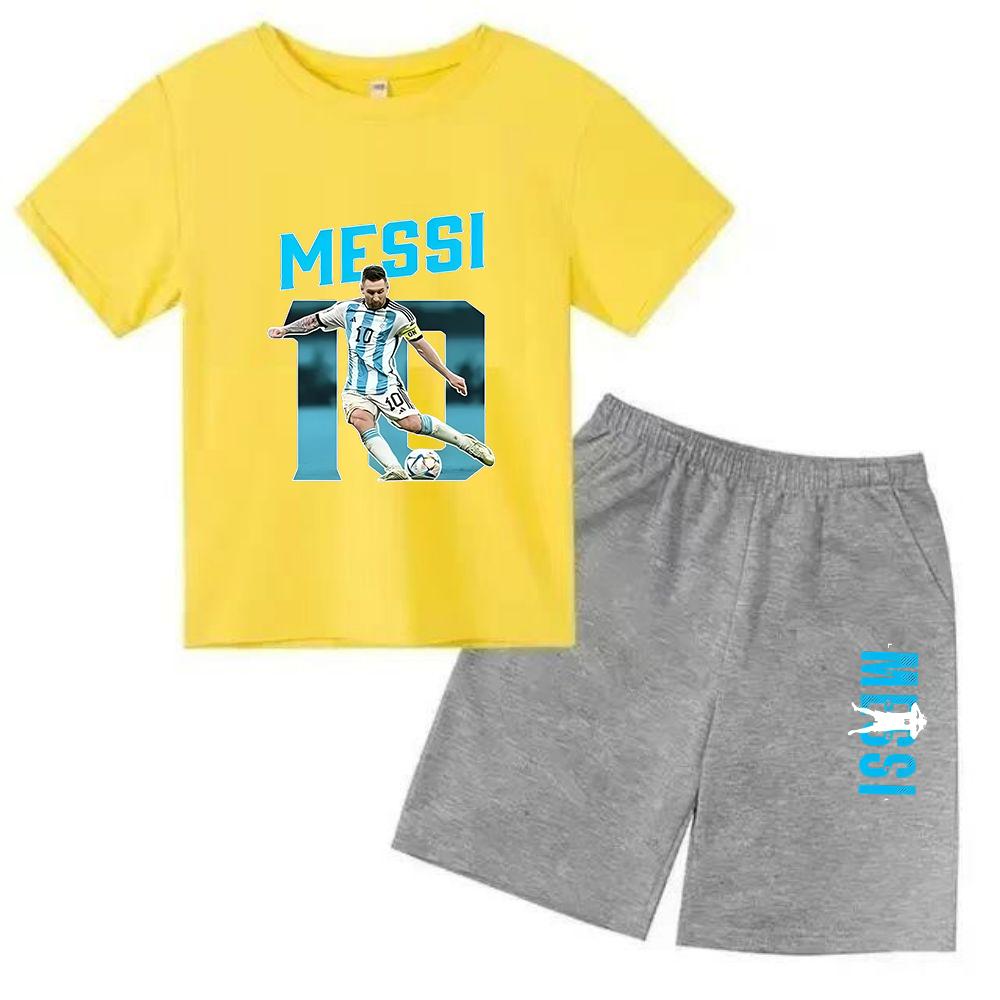 Set Estivo per Bambini Marca Messi Stampa T-shirt a Maniche Corte + Pantaloncini Set 2 Pezzi Tuta Sportiva Moda Casual Bambino Ragazzo Ragazza Abbigliamento per Fan