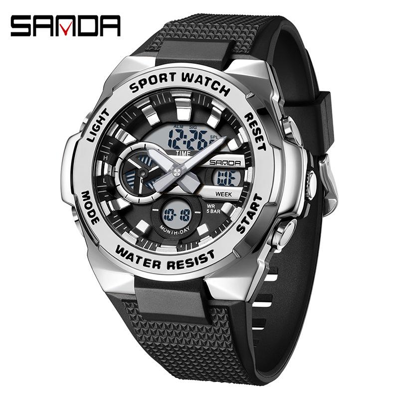 Sanda Men's Trendy Outdoor Sports Watch - Waterproof, Luminous, Multifunctional with Dual Display & Alarm.