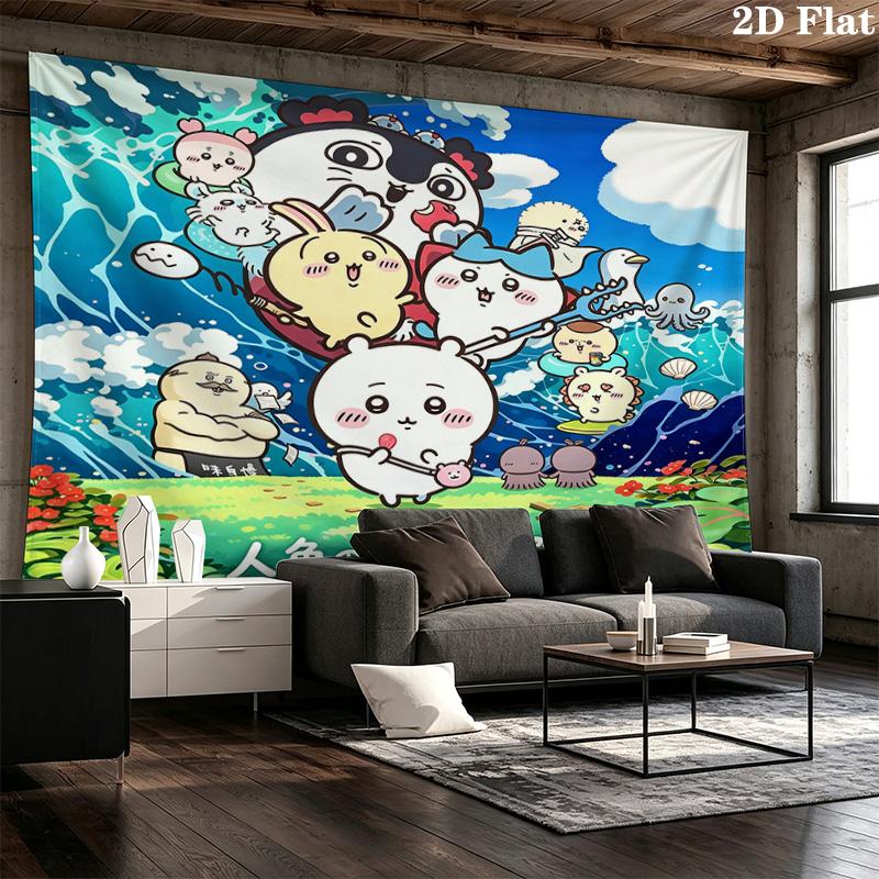 Anime Chiikawa Wall Tapestry Aesthetic Wall Hanging Printed Fabric Blanket Decorative Tapestries for Bedroom Living Room Home Decor