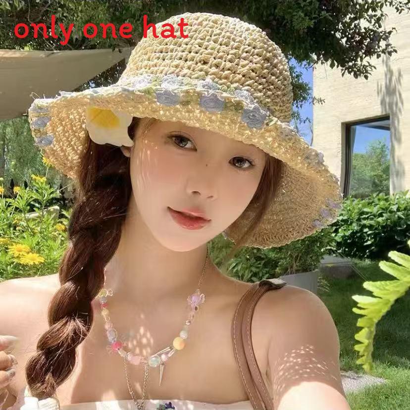 Floral Pattern Wide Brim Straw Hat With Adjustable Fit For Summer Outdoor Wear