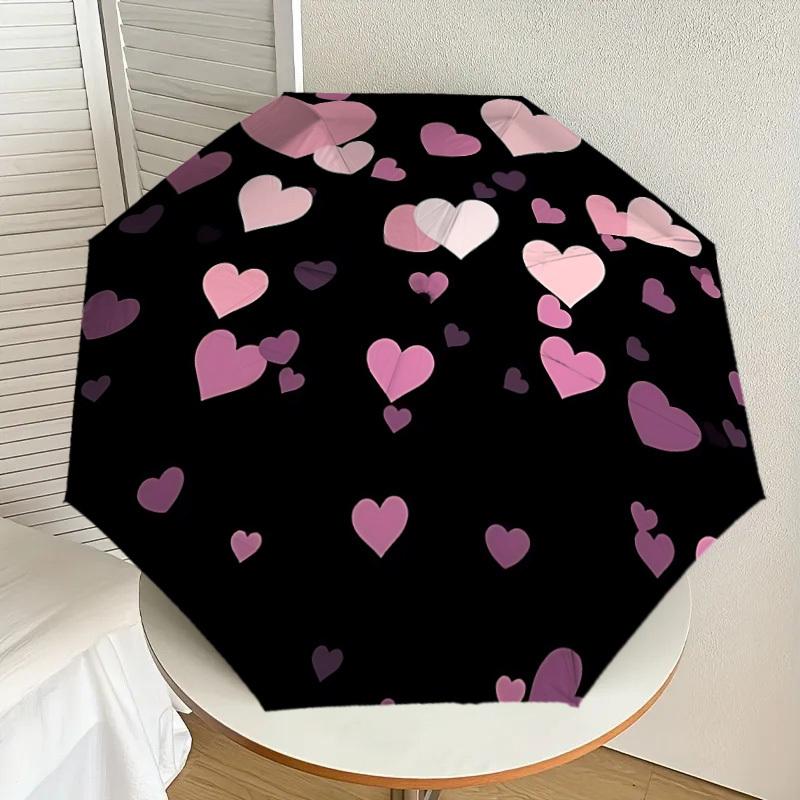 1pc Heart Print Automatic Folding Umbrella, 8 Ribs Iron Frame, Suitable for Outdoor Travel and Daily Use yy251120225