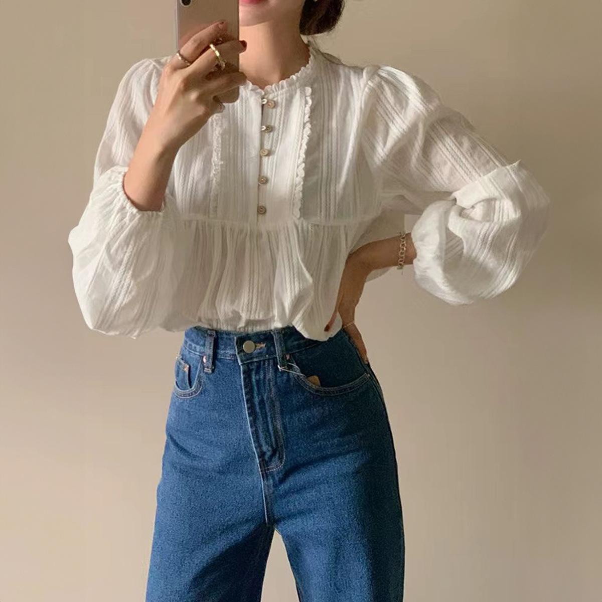 

Casual Style Buttoned Lace Long-sleeved Shirt Top for Women 2025 Autumn and Winter S білий