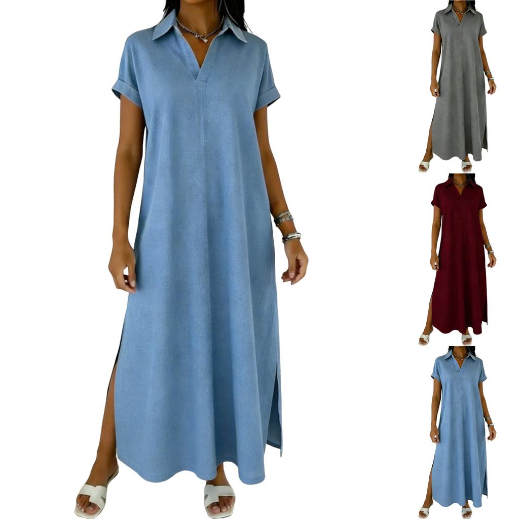 Women's Round-neck Short-sleeved -color Mid-length Loose-fitting Dress With Large Pockets And Casual