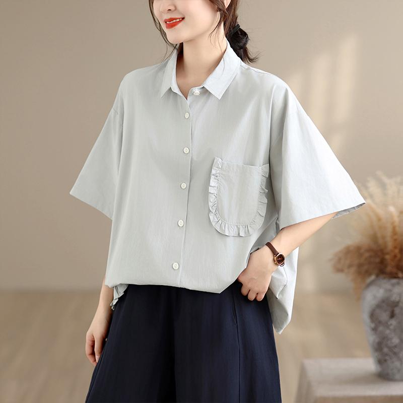 DIMANAF 2026 Women Plus Size New Summer Blouse Shirt Short Sleeve Solid Casual Loose Cotton Lady Tops Shirts