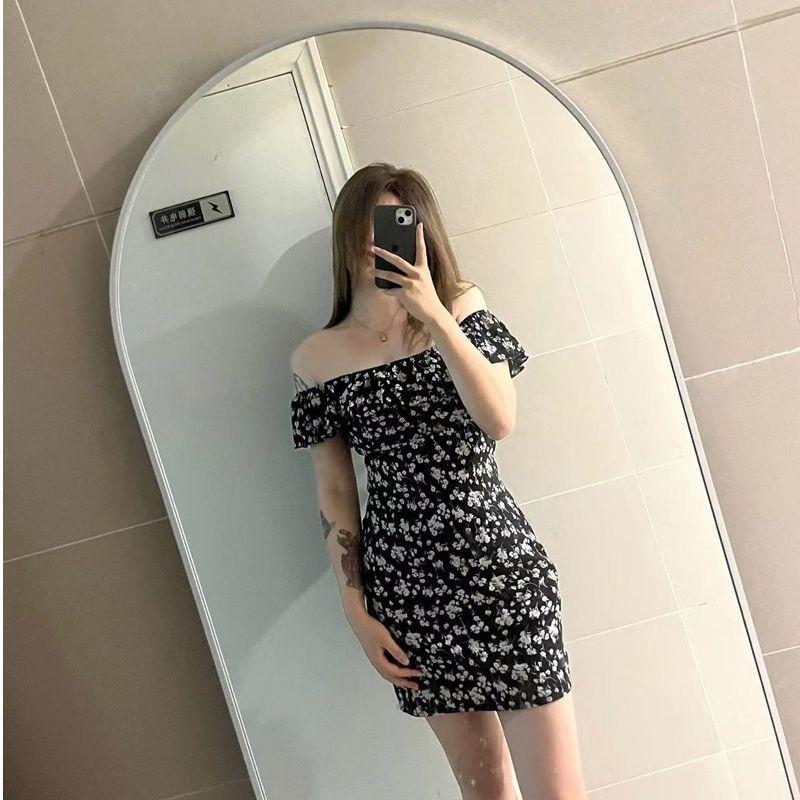 One-word shoulder floral dress children's summer new slim fit and thin hip skirt sweet and spicy pure sexy hot girls