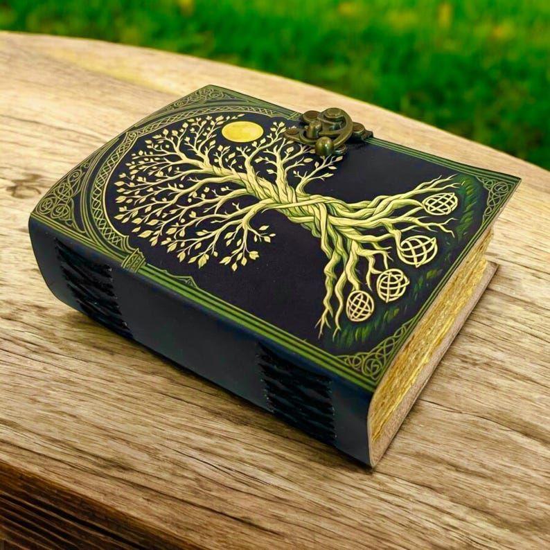 200 Page Large Grimoire Vintage Leather Journal, Tree of Life Fat Journal, Blank Spell Book of Shadows Celestial Gifts For Him Her