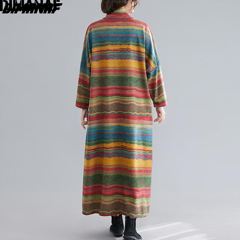 Dimanaf Autumn Winter Long Sleeve Dress Oversize Turtleneck Striped Cotton Thick Vintage Lady Loose Maxi Dress Women Clothing