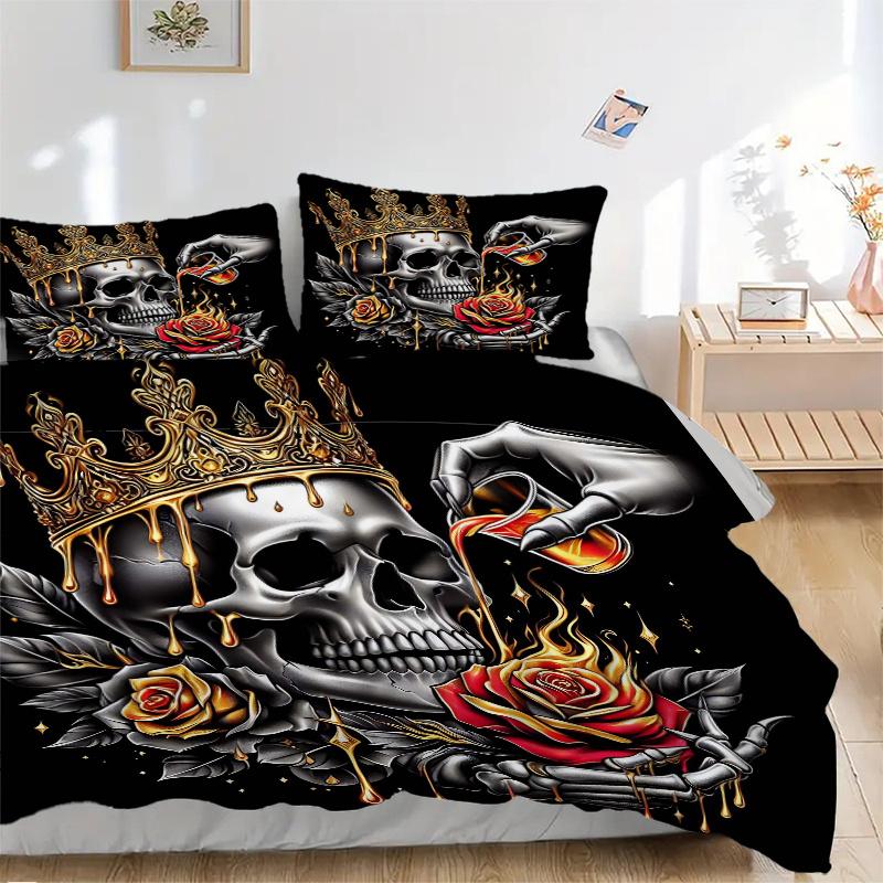 3pcs Golden Crowned Skull with Roses Quilt Cover Set - Soft and Cozy Bedroom, Guest Room and Dorm Decorative Bedding