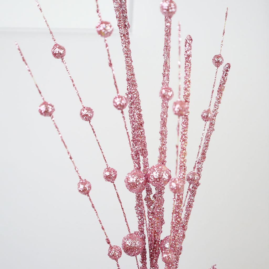 60cm 6 Prong Artificial Glitter Berry Stem with 2 Leaves Xmas Glitter Pick for Home Decor Table Centerpieces