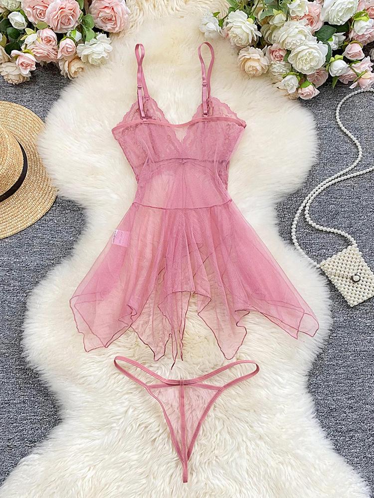 Sexy Lingerie Deep V Lace Chemise Women's Underwear Sensual Silk Soft Gown Fishscale Color Strapless Sleep Dress Erotic Clothing