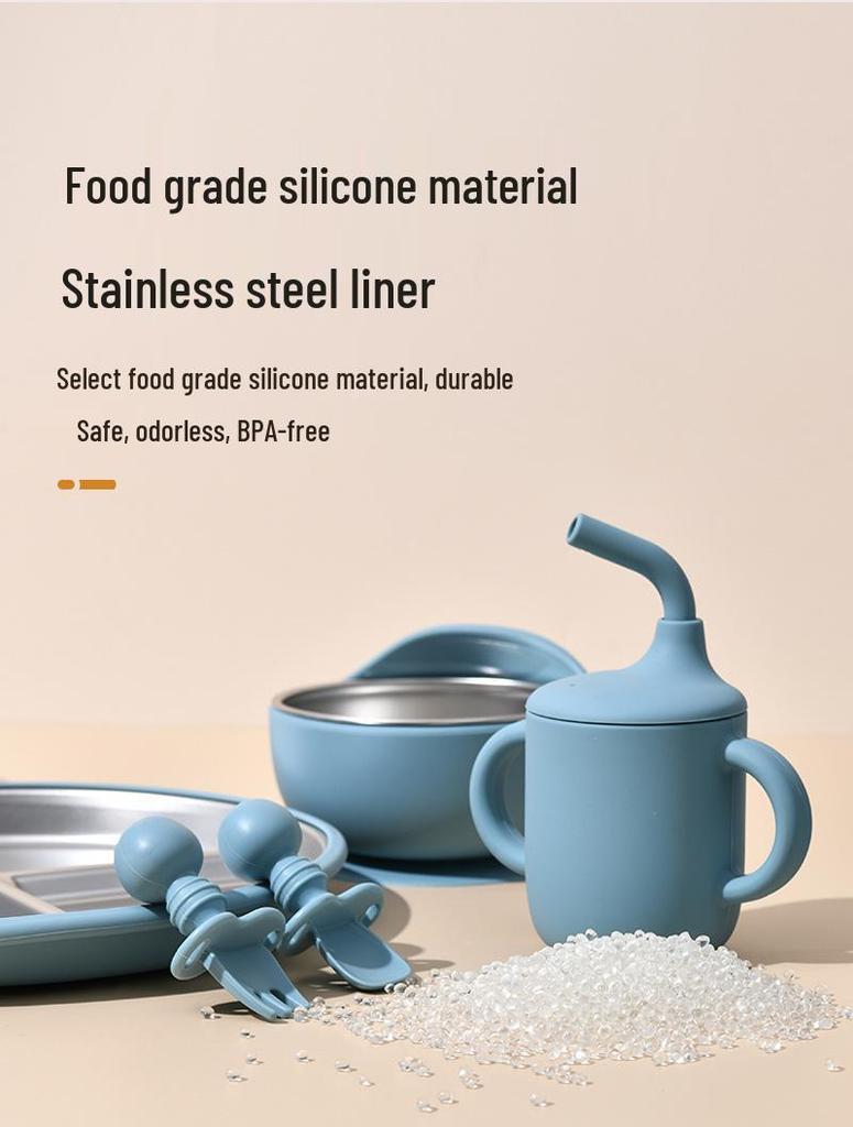 Children's Feeding Tableware Set: Stainless Steel Divided Plate with Food-Grade Silicone Suction Bowl and Spoon