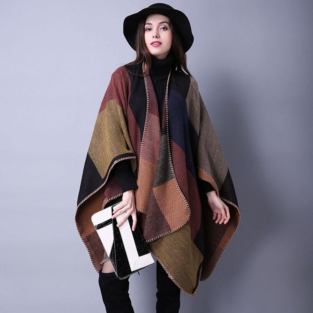 Soft New Women Cashmere Scarf Patchwork Plaid Blanket Cloak Poncho Wrap Shawl