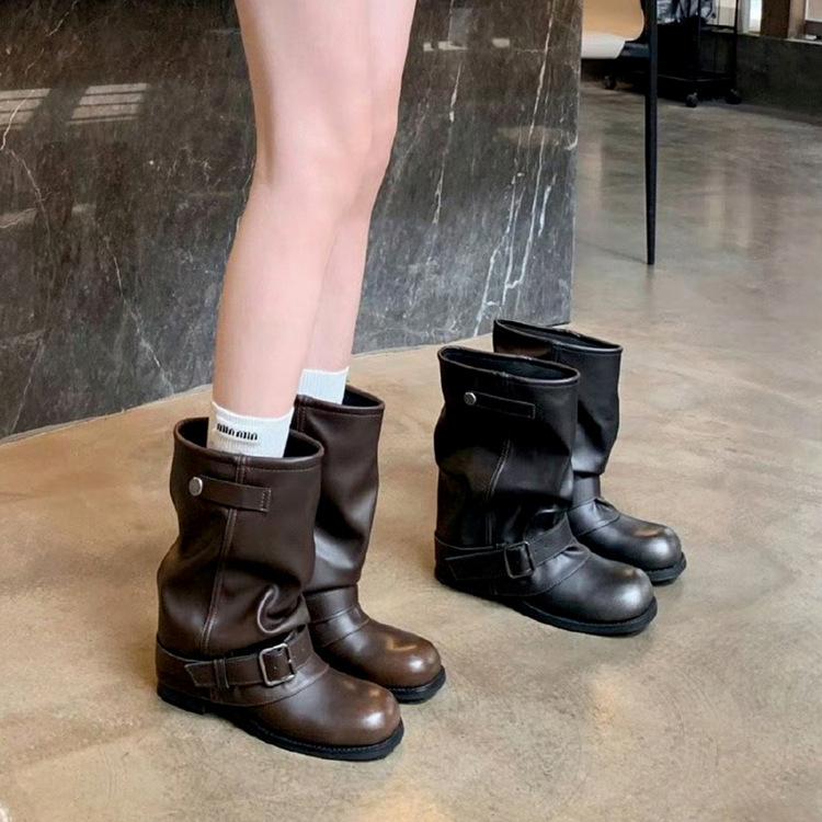 New Spot Wasteland Style Trendy Spice Girls Pants Pants Boots Pleated Buckle Band Thick Heel Short Boots Women's Vintage British Western Cattle