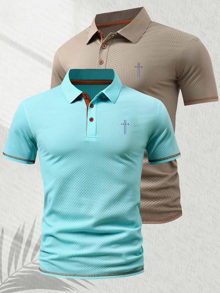 2 Pcs Men's Polo Shirts - Short Sleeve Casual Polo T Shirt Color Block & Stand Collar Slim Fit Golf Shirts