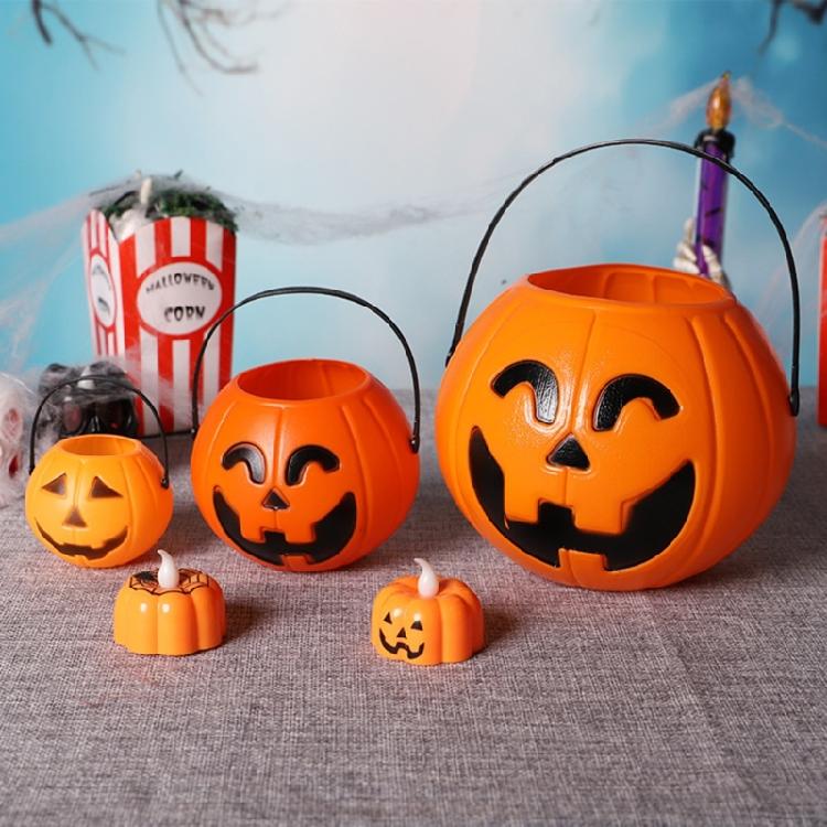 Halloween Decorative Pumpkin Light Plastic Holder Portable Storage Bucket with Handle For Indoor Outdoor Use