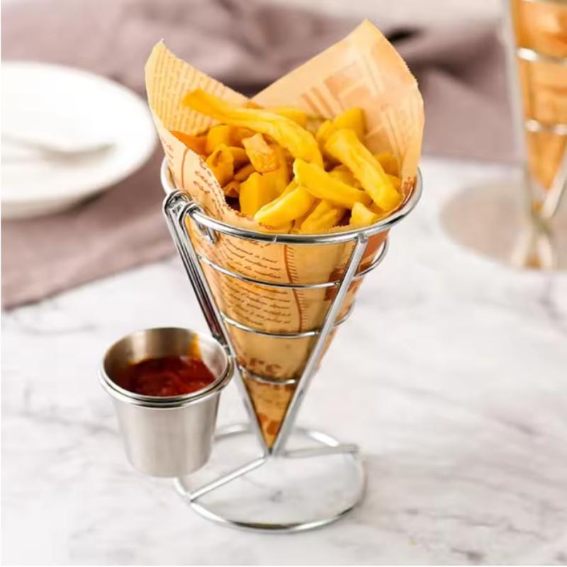French Fries Stand with Sauce Set Rust Proof Metal Chip Cup Holder Fried Chicken Display Rack Basket Party Kitchen Supply