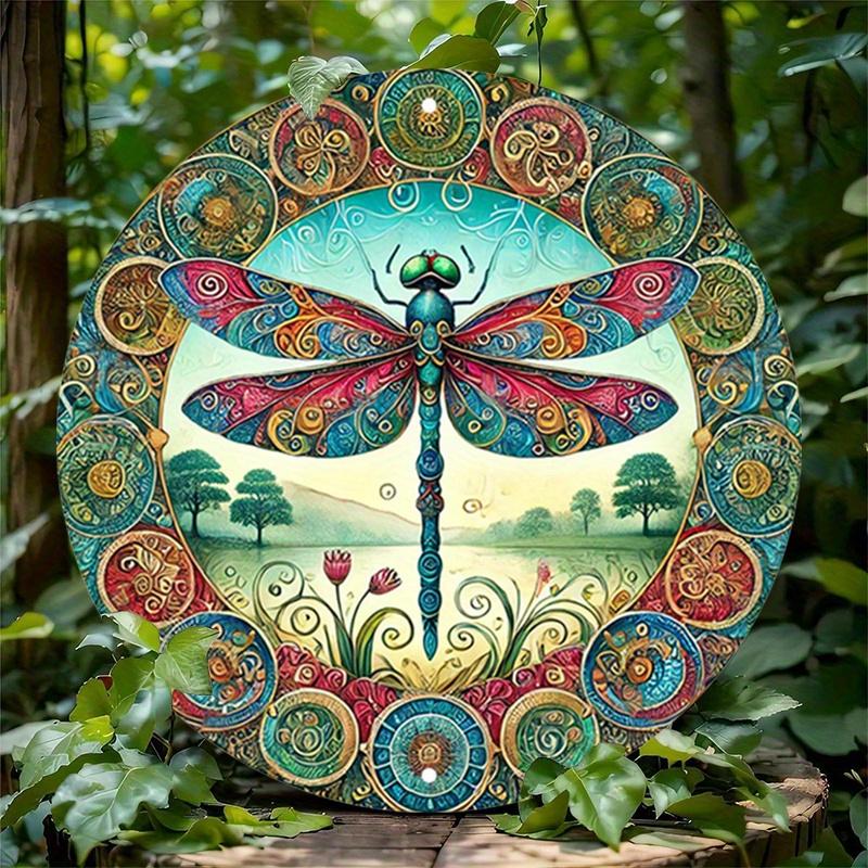 2D Flat 20*20cm1pc Bright-coloured Dragonfly Round Wall Pendant, Country Pond Style Vintage Floral Insect Patterns Decor, Suitable For Bathroom, Cafes