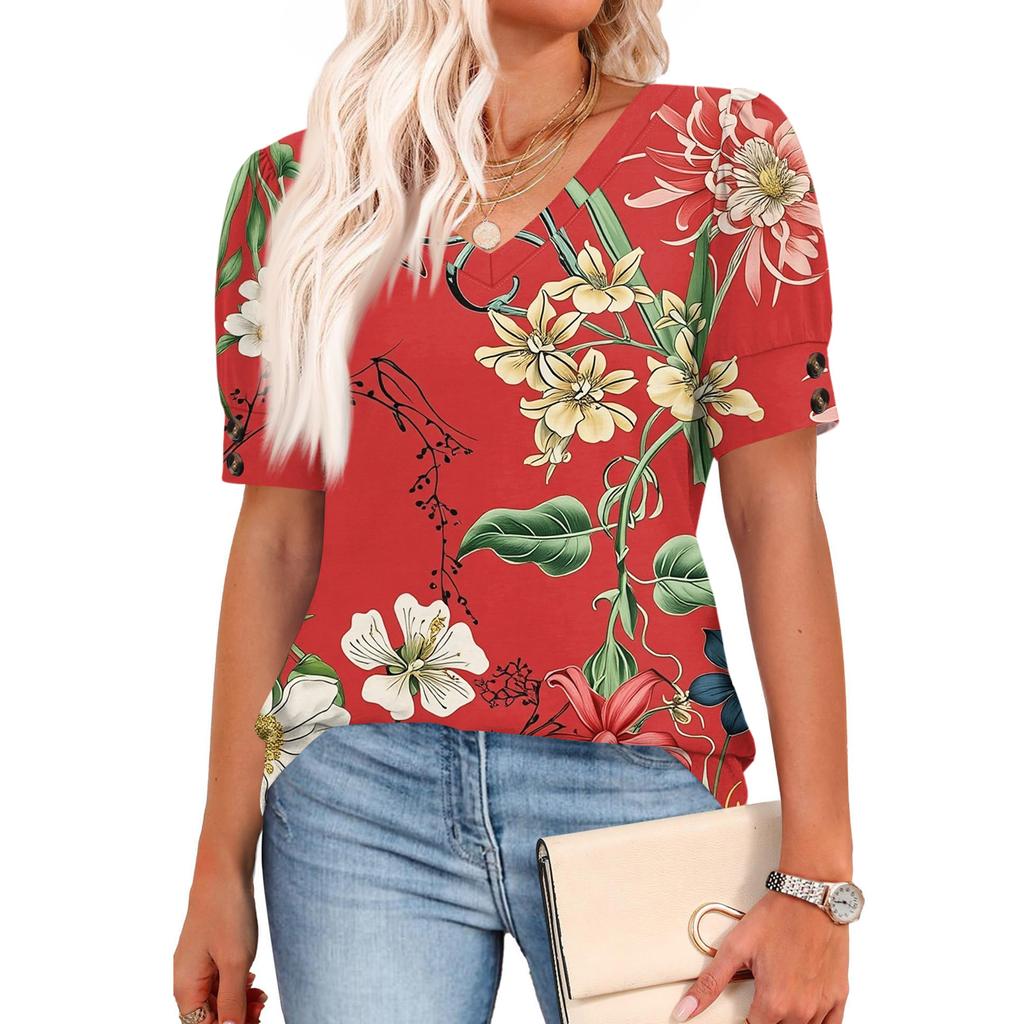 Womens Tops Short Sleeve Shirts Buttons V Neck  Fashion Outfits  Blouses  Casual