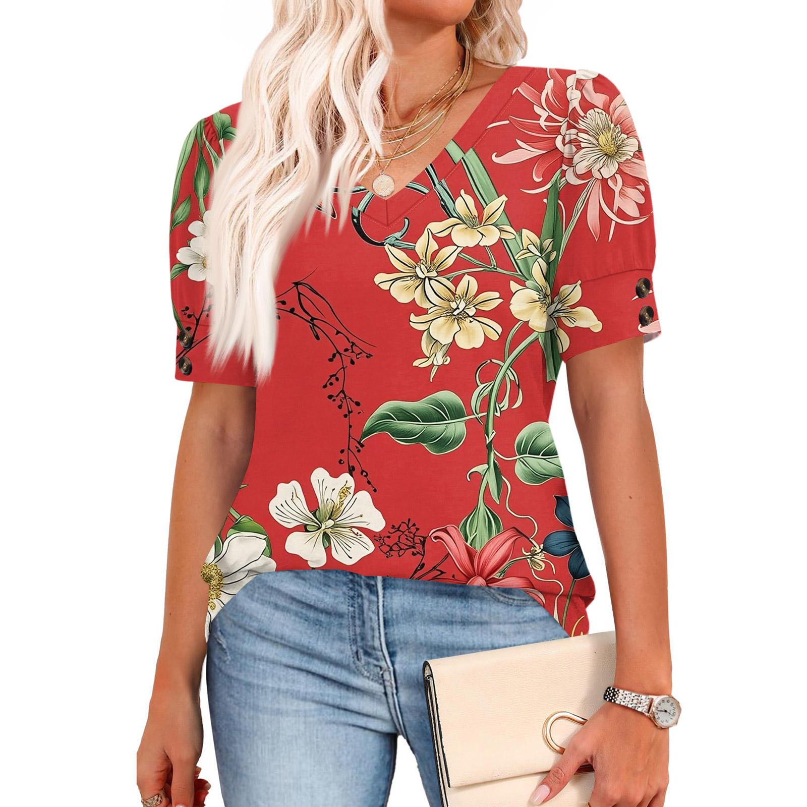 

Жіночі Топи Сорочки з коротким рукавом Кнопки V-подібний виріз Модні Вбрання Блузки Повсякденні L червоний