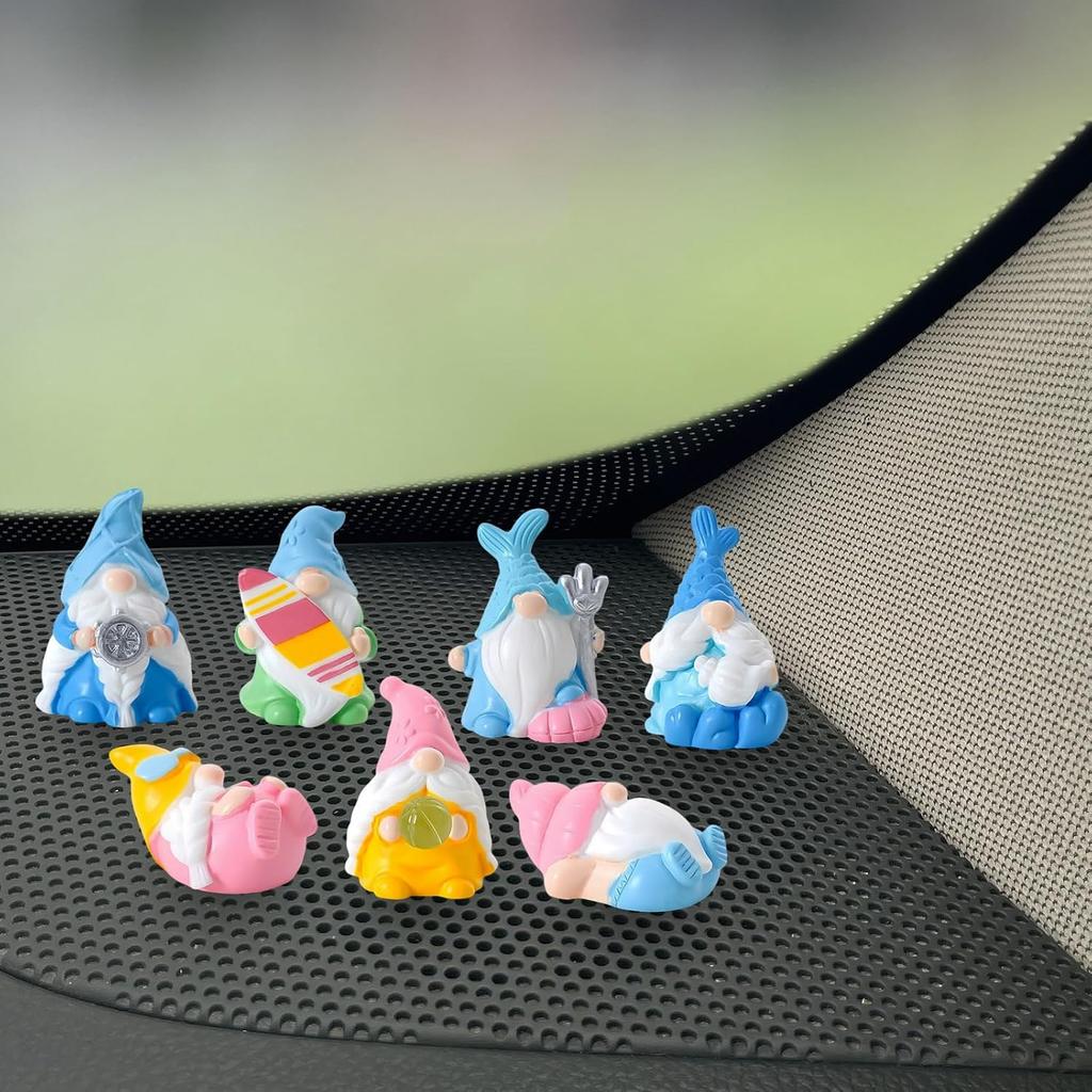Set of 7 Mini Resin Beach Gnomes Cute Car Accessories, Funny Car Rear View Mirror & Dashboard Decorations, Adorable Auto Interior Ornaments