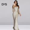Women Prom Dress Tassel Sleeves Sheath Slim Fit V Neck Solid Color Sequin Fishtail Hem Evening Dress Cocktail Party Maxi Dress