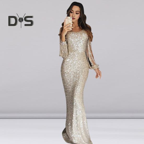 Women Prom Dress Tassel Sleeves Sheath Slim Fit V Neck Solid Color Sequin Fishtail Hem Evening Dress Cocktail Party Maxi Dress