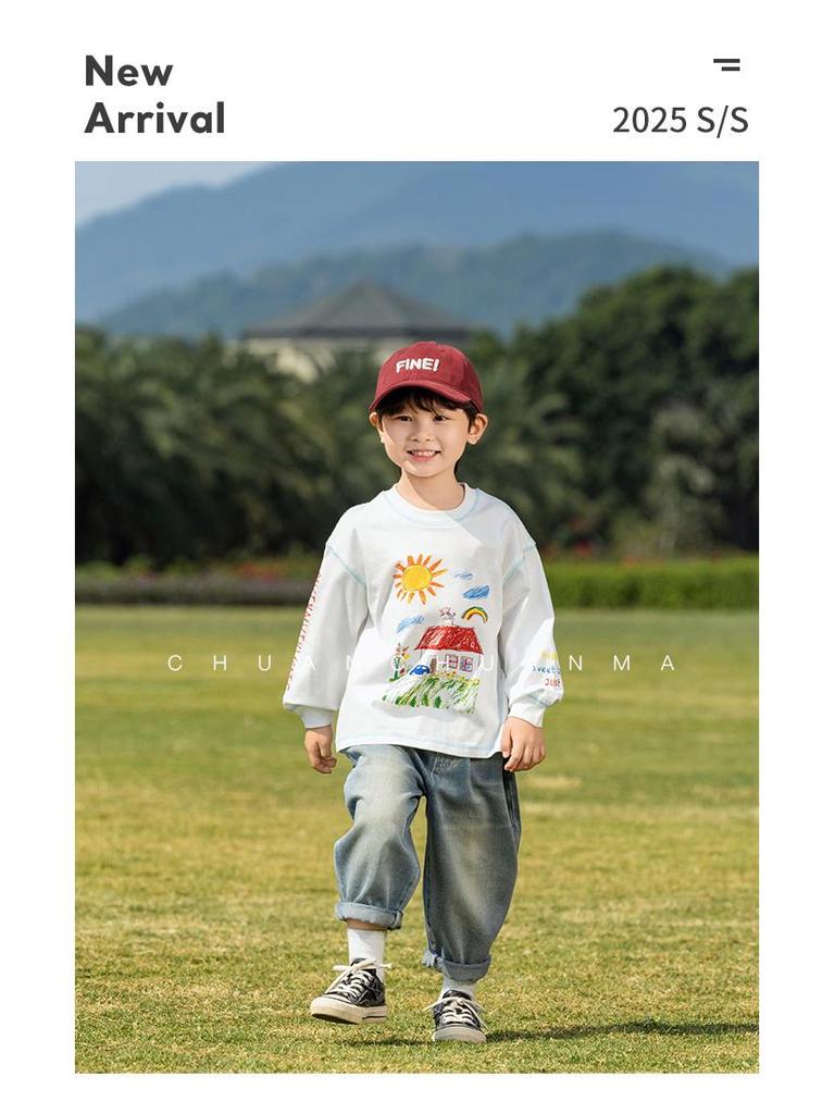 Nausicaa Spring 2025 Kids' Hand-Painted Korean-Style Cotton T-Shirt - Cute Long Sleeve for Boys & Girls