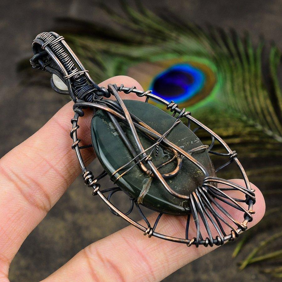 Bloodstone, Moonstone Copper Wire Wrap Jewelry Pendant 3.55" D4N68