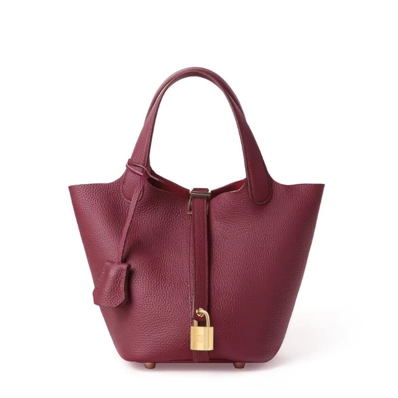 Luxury Brand Genuine Leather Shoulder Bucket Bag Women Litchi Pattern Mini Basket Tote Soft Handbag Mommy Bride Wedding Bags with Lock