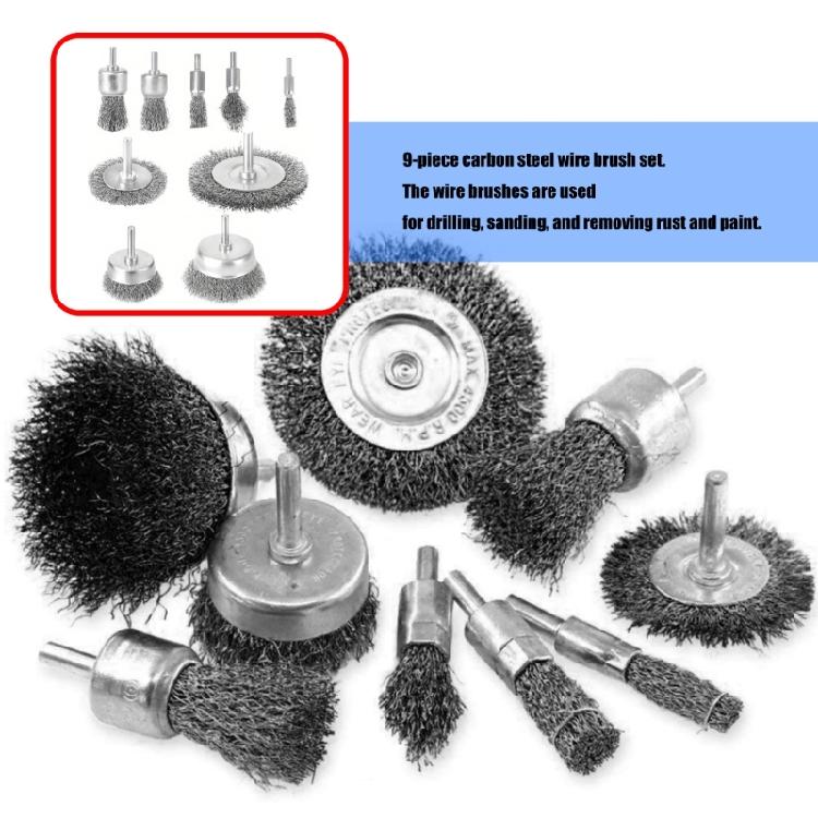 Versatilitys Drill Mounted Wire Brushes 9PCS Carbon Steel Construction For Efficient Rust Paint Debris Removal Tool