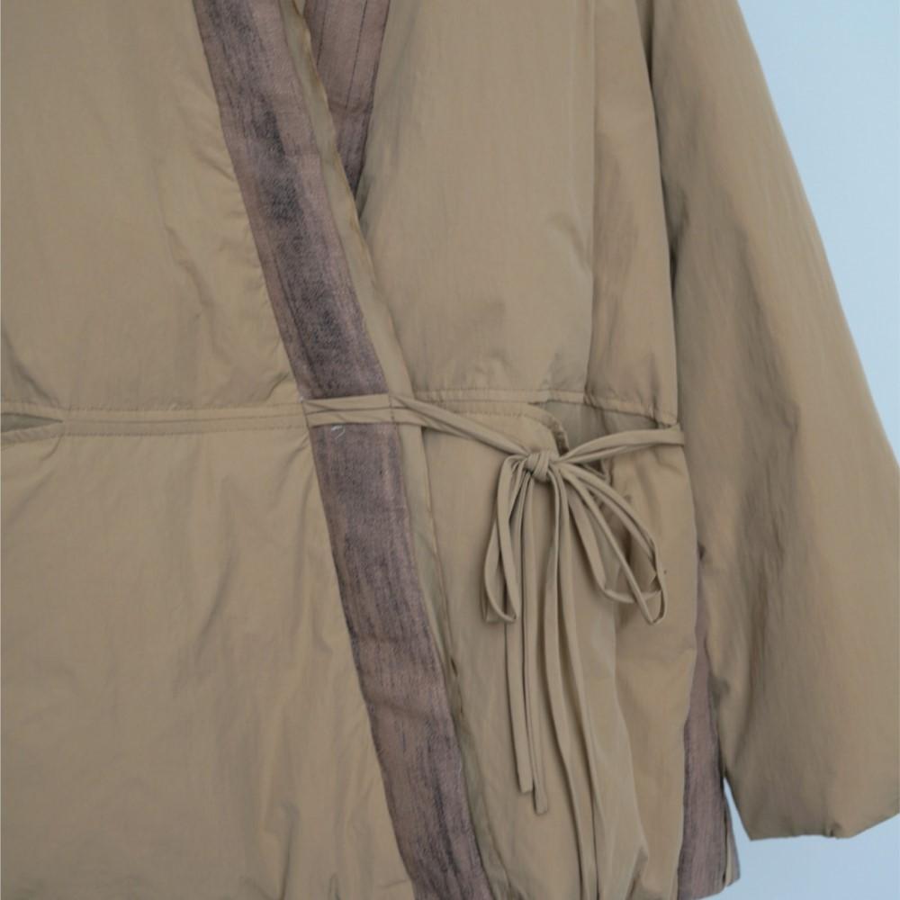 Johnature Women Vintage Winter White Down Coats Belt Patchwork Color Bandage Chinese Style Long Sleeve V-Neck Coat