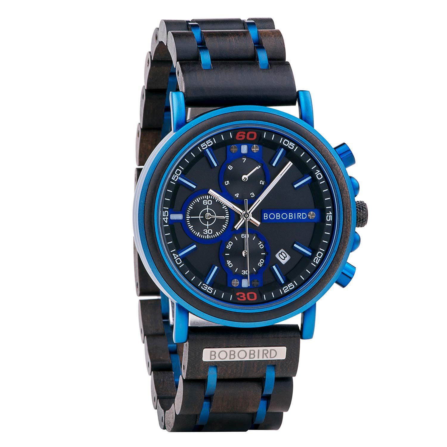 BOBO BIRD S18-6 Men s Wooden Watch, Japanese Quartz Chronograph, Luminous, Wooden Gift Box, Blue