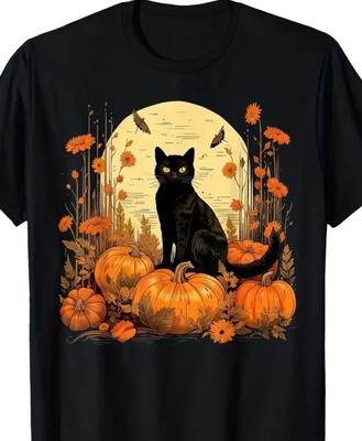 Halloween Schwarze Katze & Kürbisse Grafik-T-Shirt