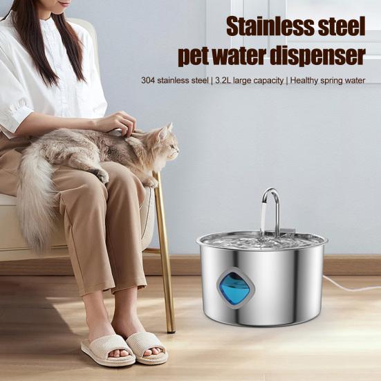 3.2L Pet Water Fountain Stainless Steel Automatic Water Dispenser Cat Water Fountain with Clear Window Quadruple