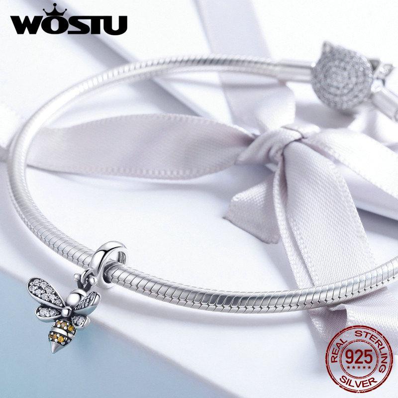 WOSTU 925 Silver Sell Bee Crystal CZ Chain Bead Charms Fit Bracelet Necklace Fashion Jewelry Party Gift CQC821