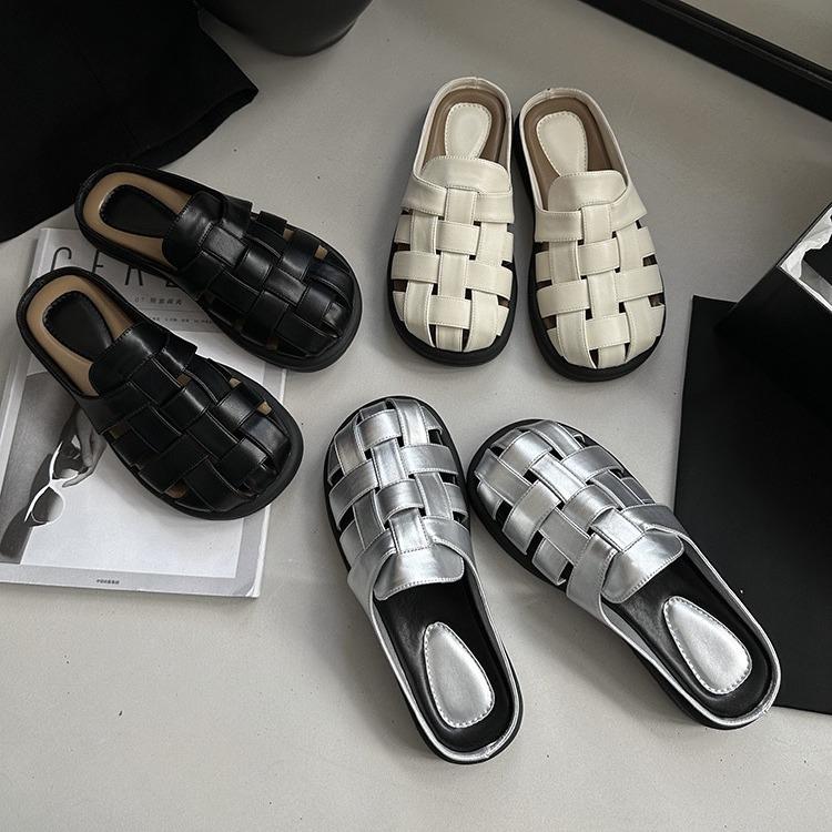 Baotou halvtofflor dam sommarplagg Muller vävda ihåliga tåsandaler gravida kvinnor platta franska sandaler