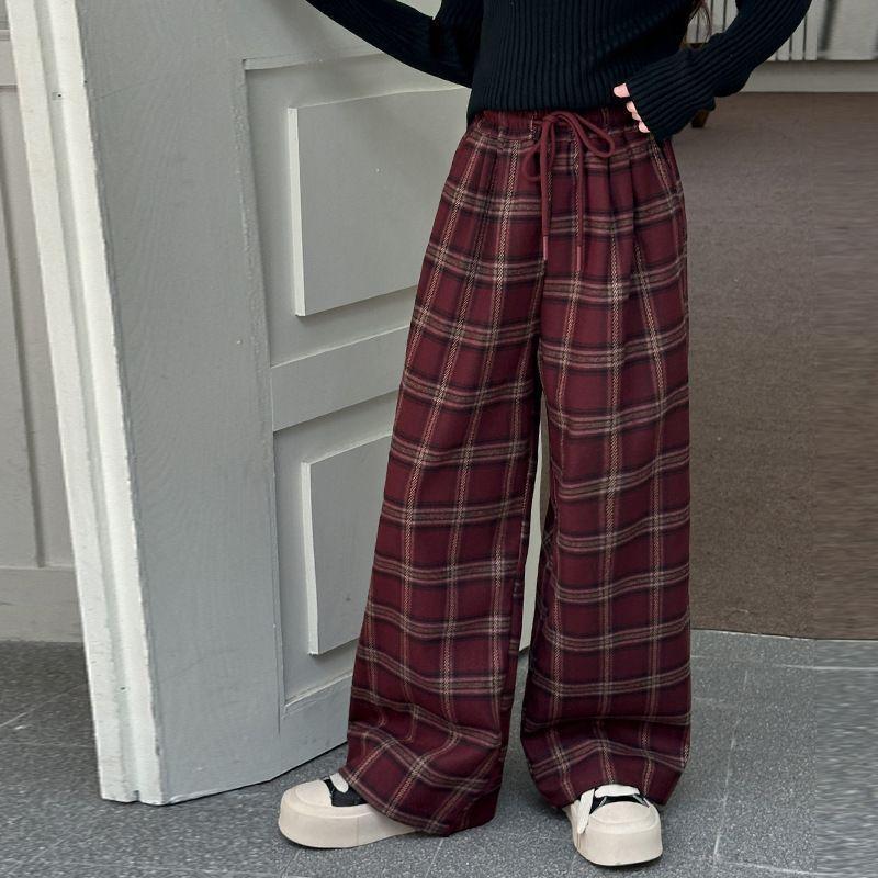 Kids Spring Autumn Plaid Pants for Teenage Girls Causal Loose Straight Drawstring Trousers Child Fashion Sweatpants 5-14Y