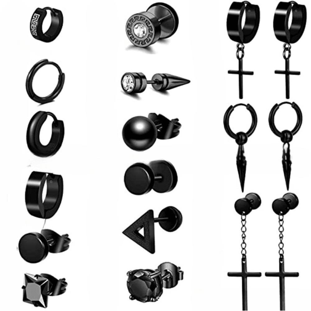 Men's Black Earrings Stud Earrings Kit Women's Fashion Jewelry Cross Hanging Earrings Kit