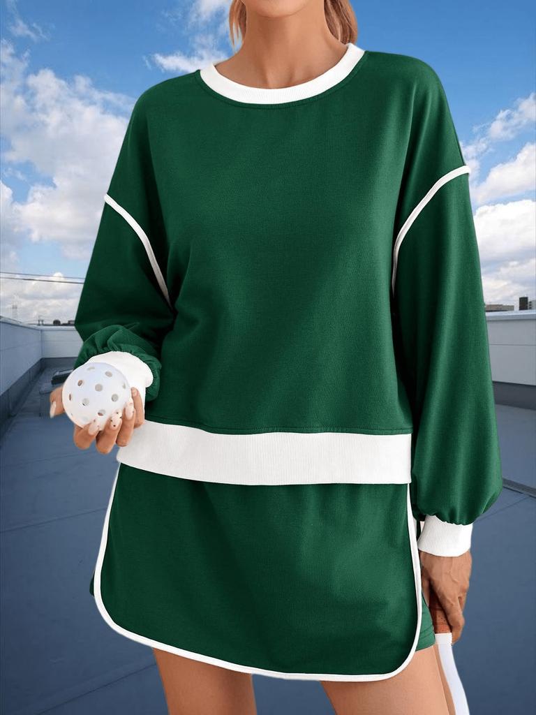 Women's Two Piece Oversized Crop Sweatshirt and High Waist Skirt Set Tennis Running Sport Outfit