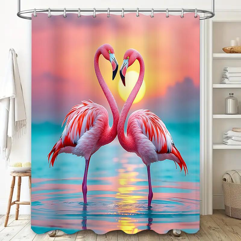 Graceful Pink Flamingos Shower Curtain for Bathroom - Tropical Water Scene with Sunset and Moonlight Waterproof Polyester