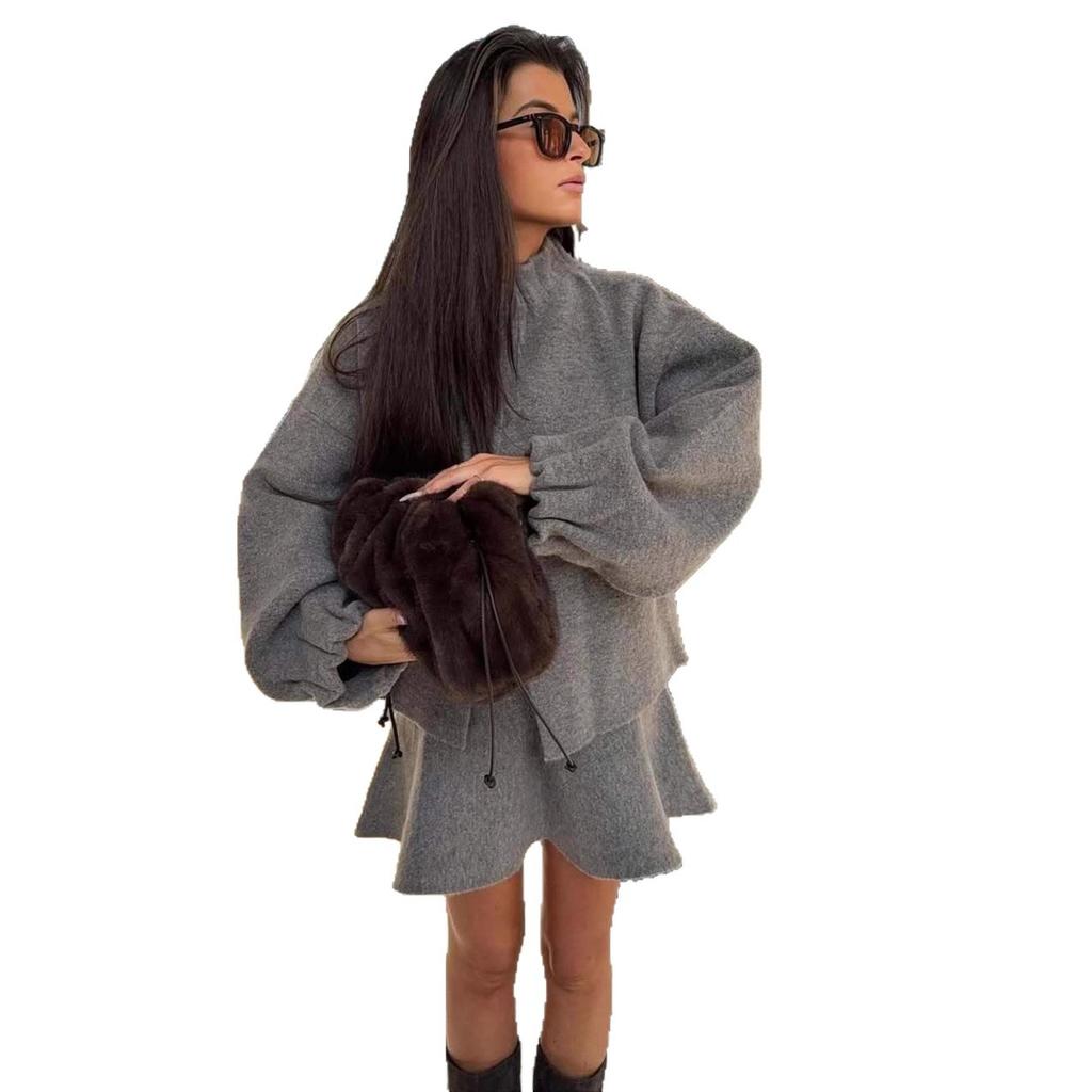 2025 Cross-border European and American Autumn New Cardigan Temperament Crew Neck Plush Knitted Jacket Top A-word Skirt