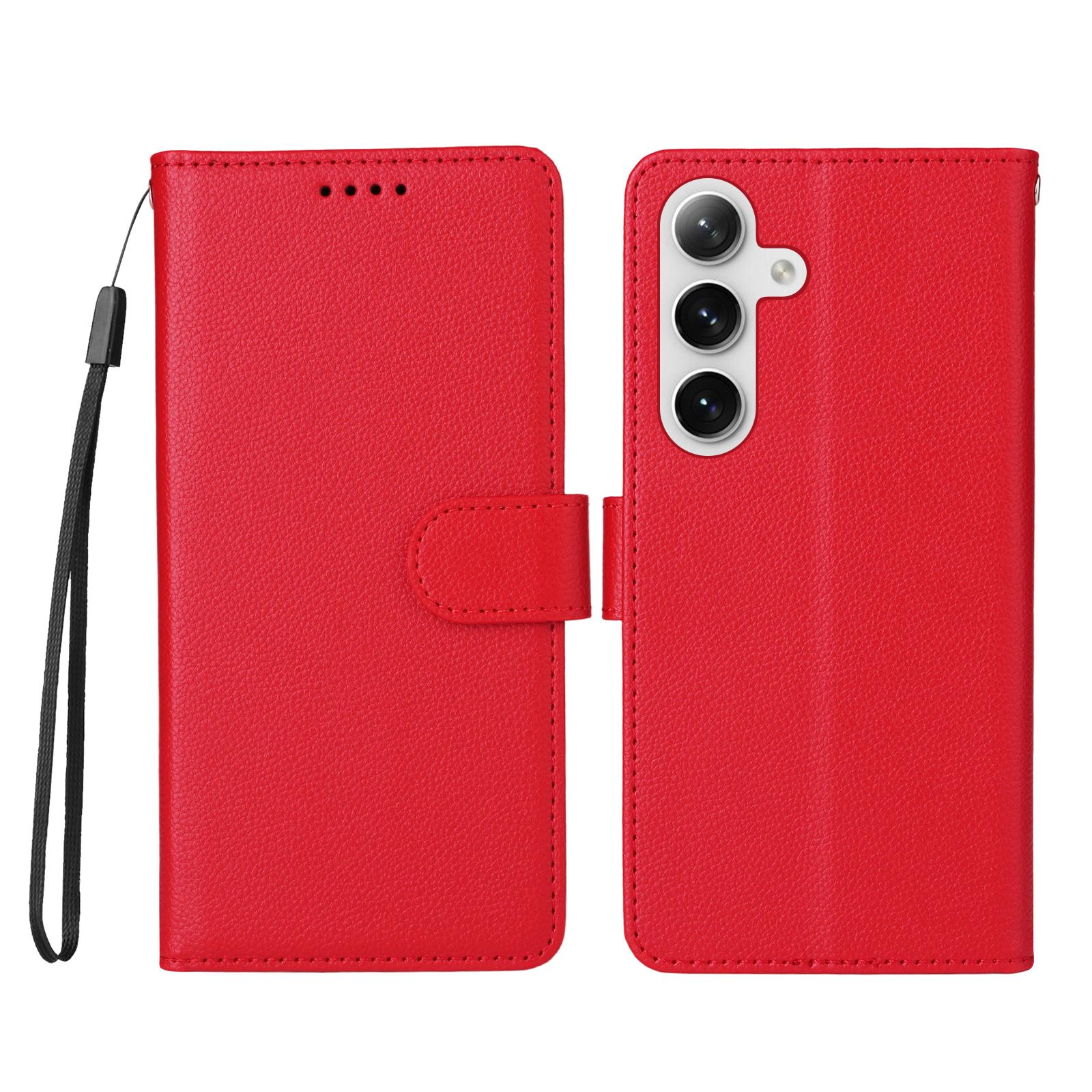 

For Samsung Galaxy S24+/Galaxy S25+ Case RFID Blocking 3 Card Slots PU Leather Phone Cover with Wrist Strap Red