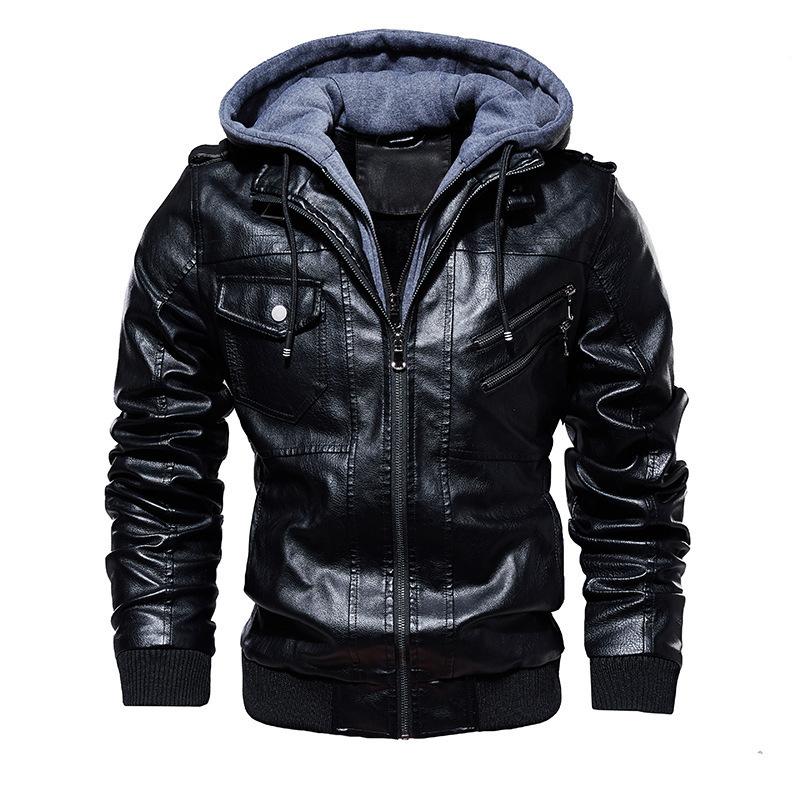 Autumn and Winter Men's Leather Jacket Men's PU Leather Hooded Leather Jacket Two-piece Set